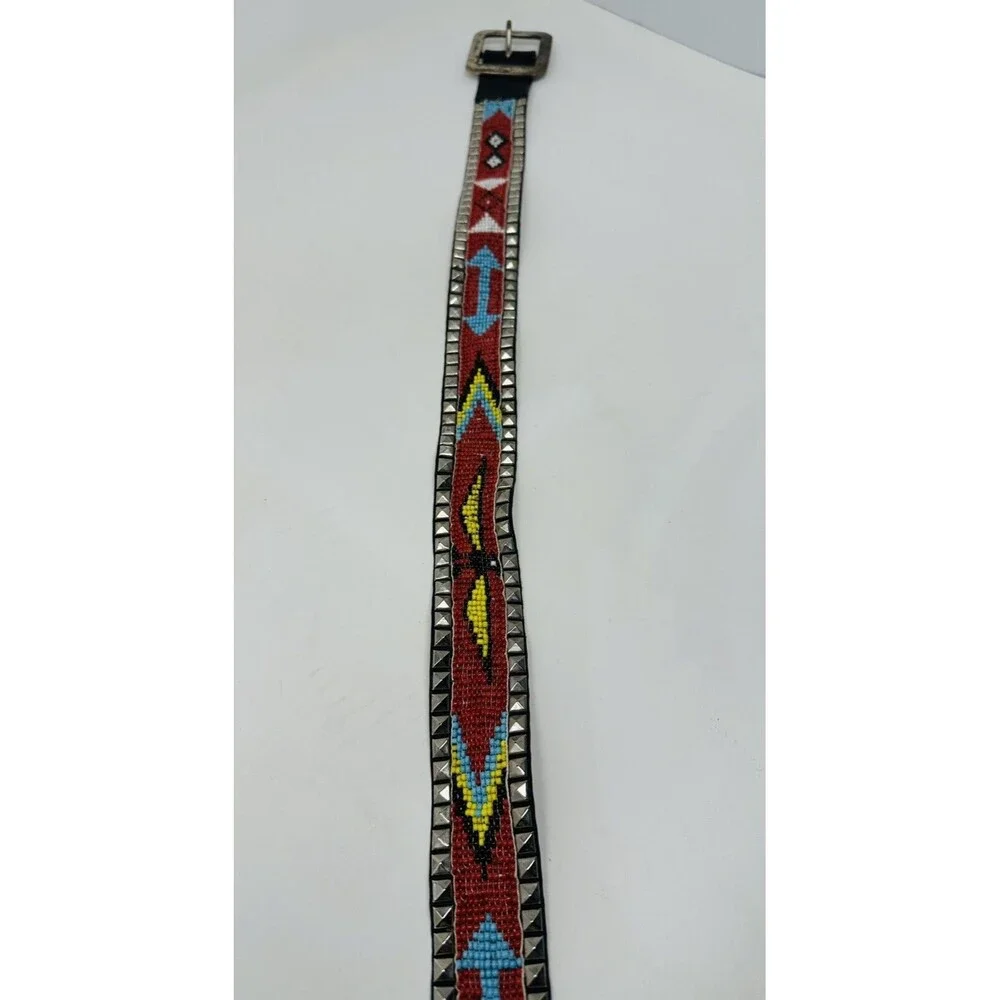 Vintage Gorgeous laced‎ Beaded Leather Belt 28 Long   Blue And Red All Beaded
